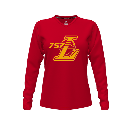 [CUS-DFW-TEES-PER-VNK-LSL-RED-FYXS-LOGO2] Performance T-Shirt (Female Youth XS, Red, V Neck, Logo 2, Long Sleeve)